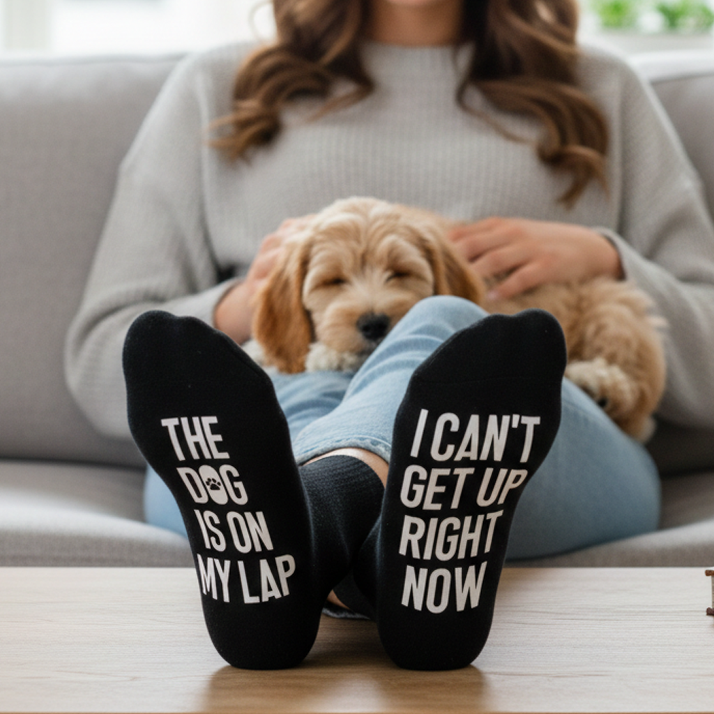 The Dog Is On My Lap I Can't Get Up Right Now - Printed Funny Socks
